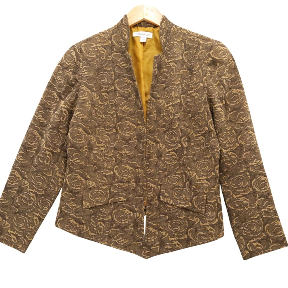 Coldwater Creek Floral Rose Brocade Jacket Brown‎ Gold Hook Eye Closure
